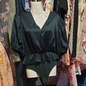 Express Dark Green Satin Bodysuit